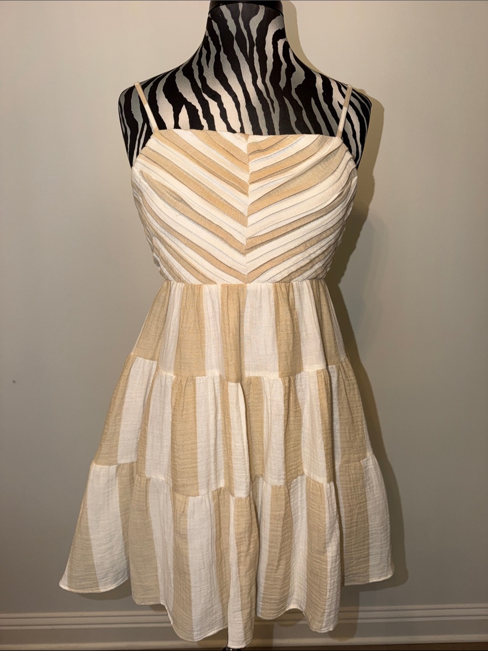 Like New-fab'rik Beige and White Striped Tiered Sundress Sz Sm